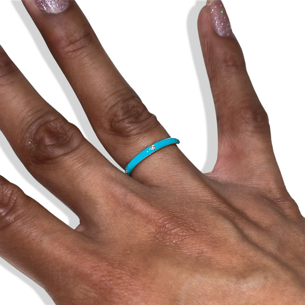 14K Stackable Turquoise Enamel Ring with Diamonds