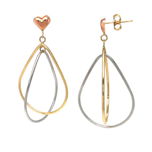 14K Tri-Colored Dangle Earrings With Heart Accent