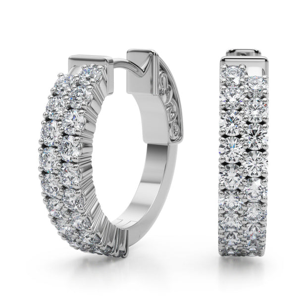 14K White Gold Double Row Diamond Hoop Earrings