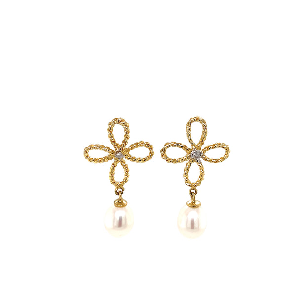 14K Gold Pearl and Diamond Drop Earrings