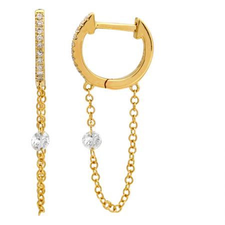 14K Yellow Gold Hoop Dangle Floating Diamond Earrings