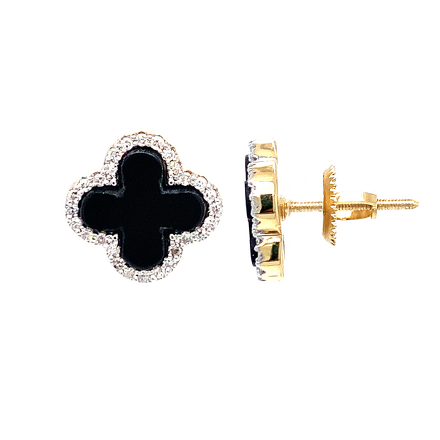 14K Gold Onyx and Diamond Quartrefoil Earrings