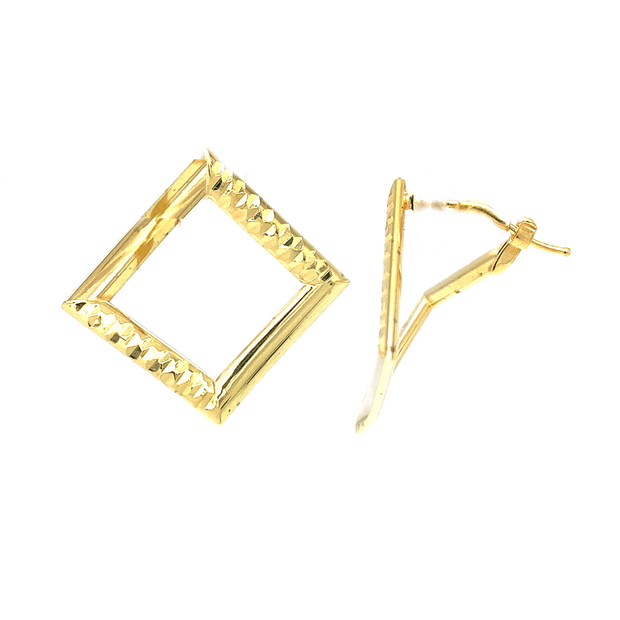 14K Yellow Gold Diamond Cut Small Square Shaped Hoop Earrings