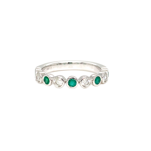 14K White Gold Diamond and Emerald Bezel-Set Band