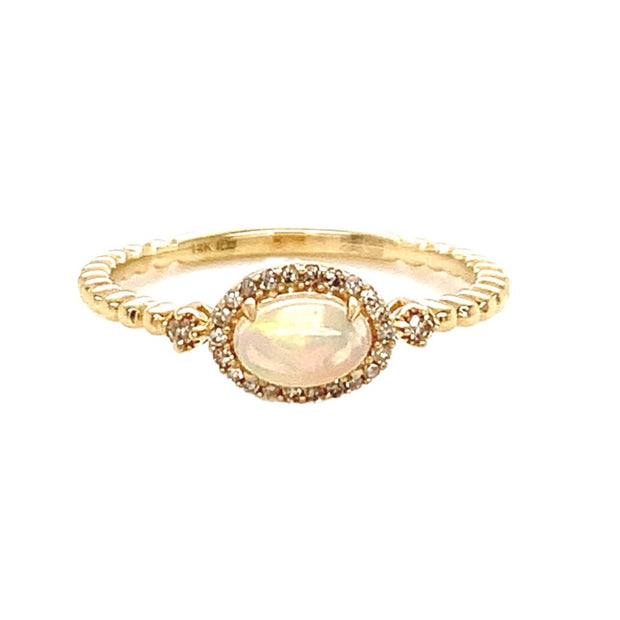 14K Gold East West Oval Halo Ring with Opal and Diamond