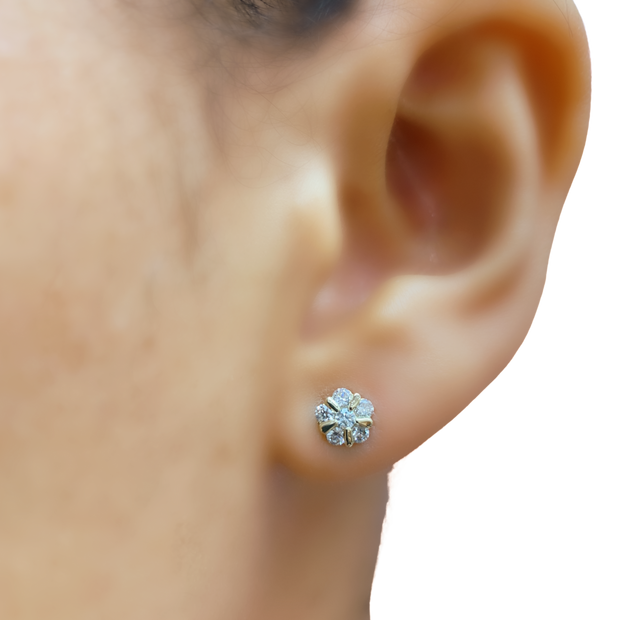 14K Yellow Gold Diamond Flower Stud Earrings