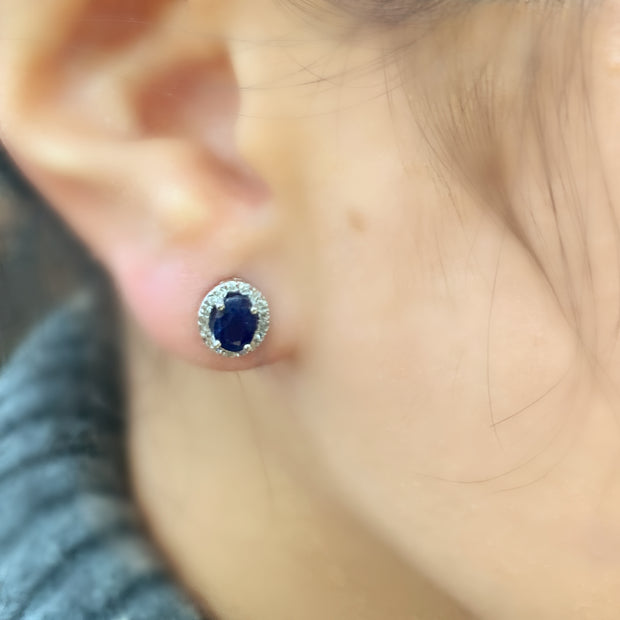 14K White Gold Sapphire and Diamond Halo Earrings