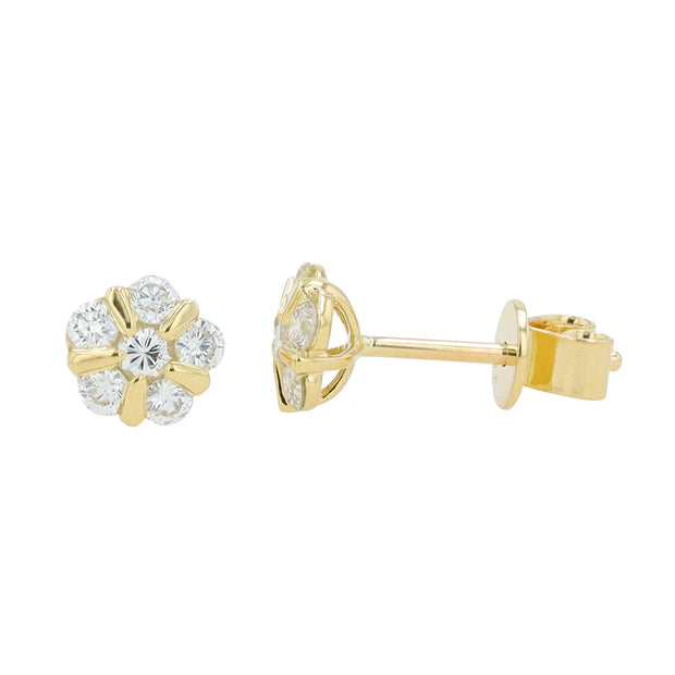 14K Yellow Gold Diamond Flower Stud Earrings