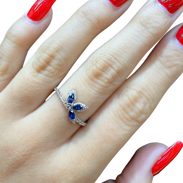 14K White Gold Sapphire and Diamond Leaf Ring