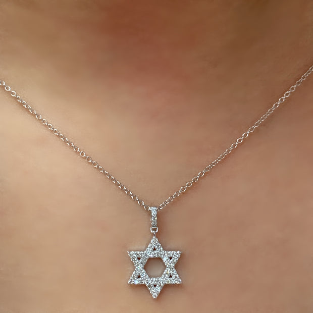 14K White Gold Diamond Star of David Necklace