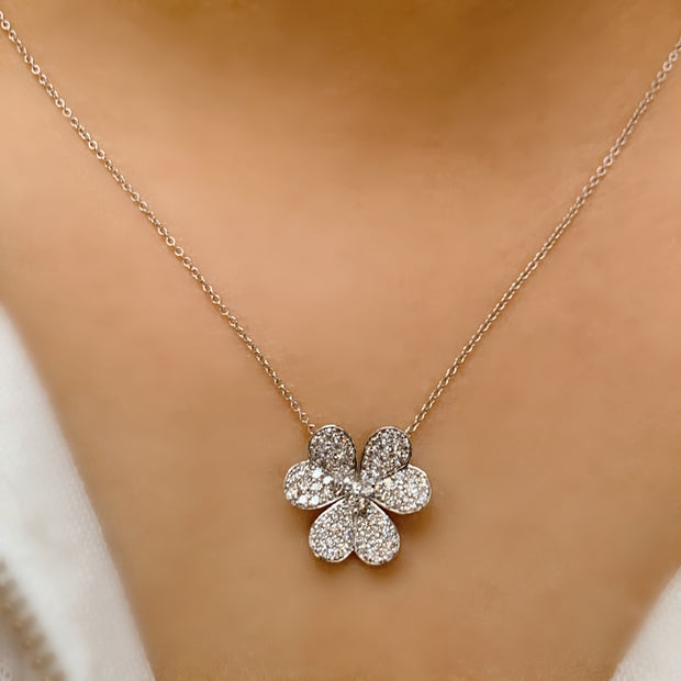 14K White Gold Diamond Flower Necklace