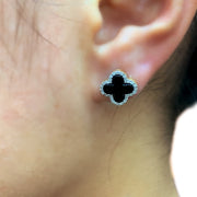 14K Gold Onyx and Diamond Quartrefoil Earrings