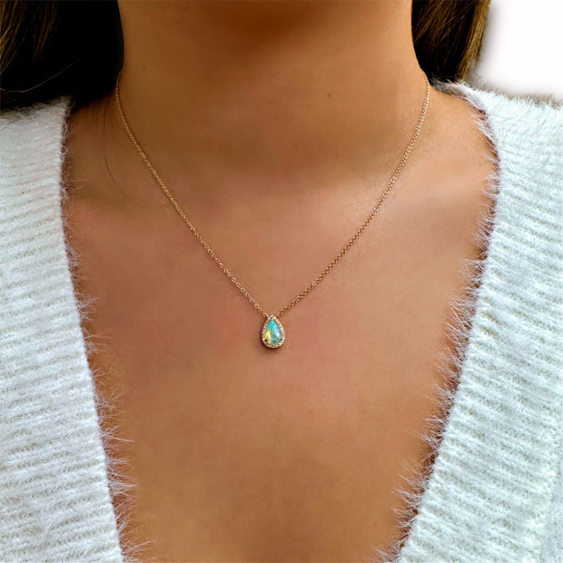 14K Opal Halo Pendant With Diamonds