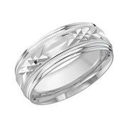 8MM White Gold Carved Satin Wedding Band