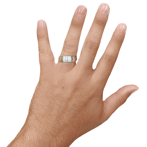 7MM White/Yellow Gold Carved Satin Wedding Band