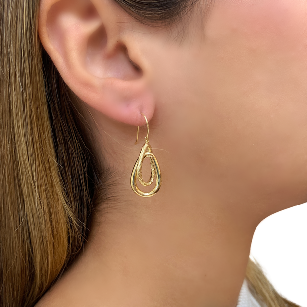 14K Yellow Gold Double Hoop Drop Earrings