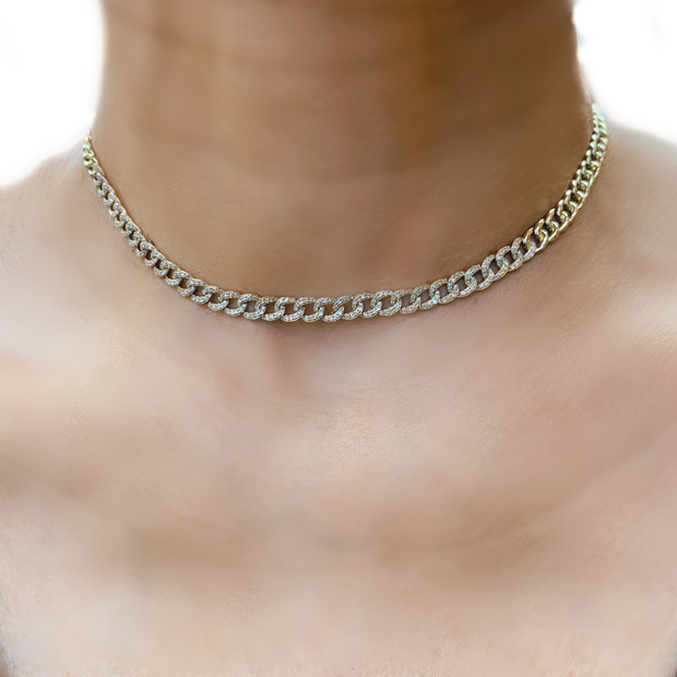 14K Gold Pave Diamond Curb Chain Choker