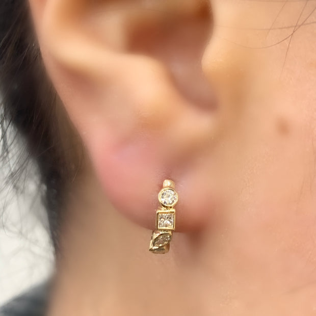 14K Gold Mixed Shape Diamond Bezel Set Huggie Earrings