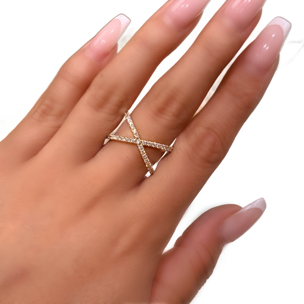14K Yellow Gold X-Shaped Diamond Ring