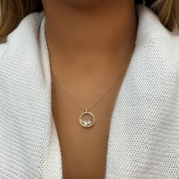 14kYellow Gold Star Moon and Sun Floating Pendant