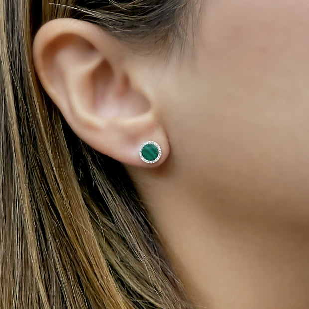 14 Karat Yellow Gold Diamond and Malachite Stud Earrings