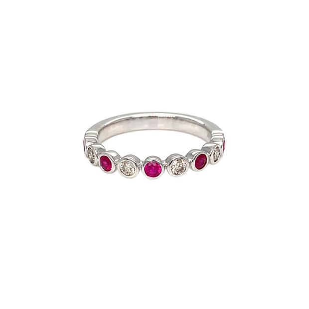 14k White Gold Diamond and Ruby Bezel-Set Band