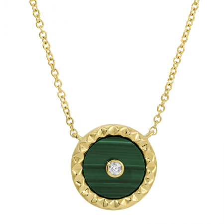 14 Karat Yellow Gold Round Malachite and Diamond Necklace