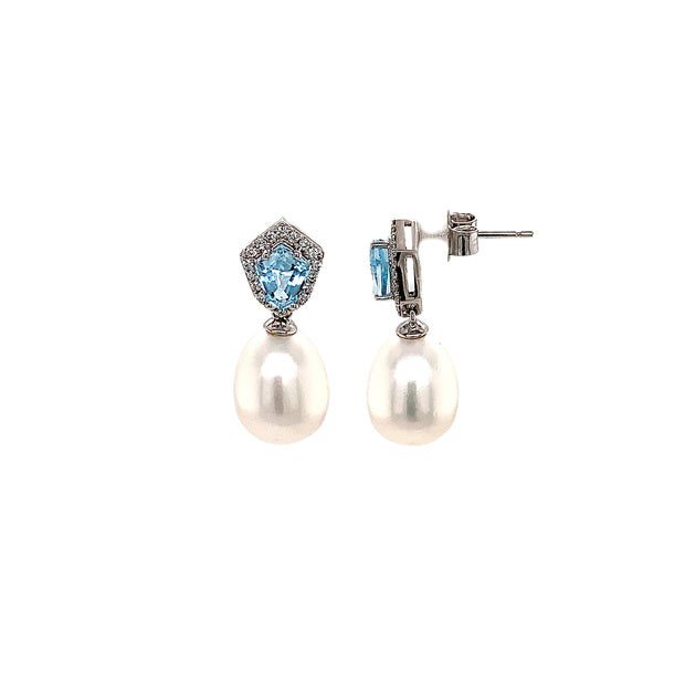 14K White Gold Pearl and Blue Topaz Drop Earrings