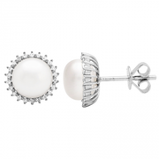 14K White Gold Pearl and Diamond Earrings