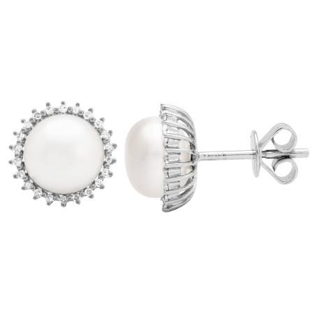 14K White Gold Pearl and Diamond Earrings