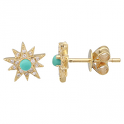 14K Yellow Stud Earrings With Turquoise and Diamonds