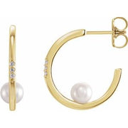 14K Yellow Gold Pearl and Diamond Hoops