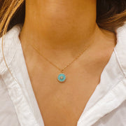 14K Yellow Gold Turquoise Pendant With Diamond Halo 16" Necklace