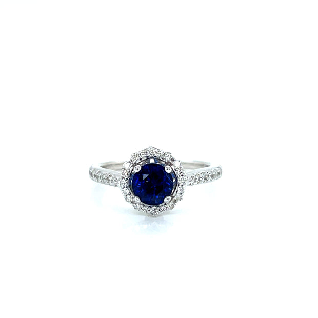 14K White Gold Sapphire and DIamond Halo Ring