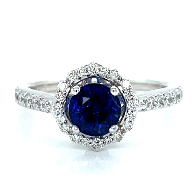 14K White Gold Sapphire and Diamond Halo Ring