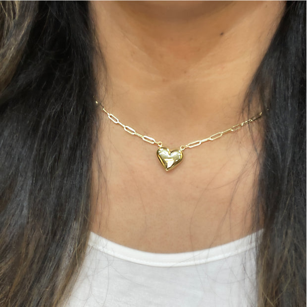 14 Karat Yellow Gold Heart Necklace on Paperclip Chain