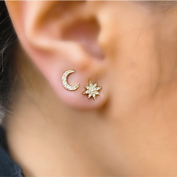 14K Yellow Gold Diamond Moon and Sun Stud Earrings
