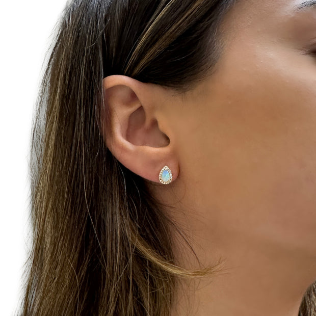 14K Yellow Opal Stud Earrings With Diamond Halo