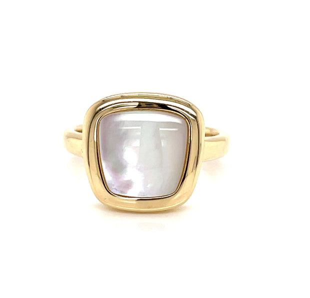 18ct Rose Gold Cushion Shaped Faceted White Quartz & Mother Of Pearl Ring  With Diamond Surround