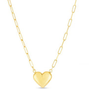 14 Karat Yellow Gold Heart Necklace on Paperclip Chain